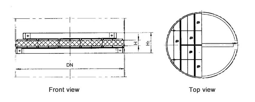 Structure diagrams of above-installed wire mesh demister whose DN is 1700 to 3200 mm, are from front view and top view.