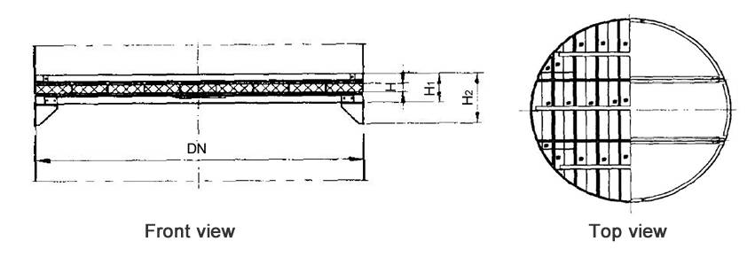 Structure diagrams of below-installed wire mesh demister whose DN is 3400 to 4800 mm, are from front view and top view.