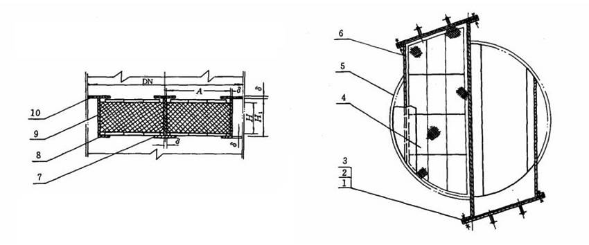 Structure diagrams of drawer type demister whose nominal diameter is 900 to 1400 mm, are from front view and top view.
