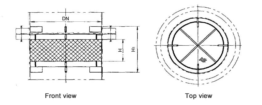 Structure diagrams of above-installed wire mesh demister whose DN is 300 to 600 mm, are from front view and top view.