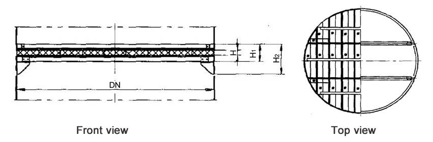 Structure diagrams of above-installed wire mesh demister whose DN is 3400 to 4800 mm, are from front view and top view.