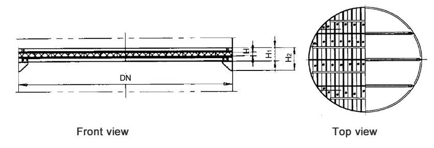 Structure diagrams of above-installed wire mesh demister whose DN is 5000 to 5200 mm, are from front view and top view.