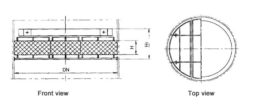 Structure diagrams of above-installed wire mesh demister whose DN is 700 to 1600 mm, are from front view and top view.