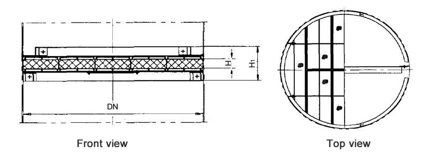 Structure diagrams of below-installed wire mesh demister whose DN is 1700 to 3200 mm, are from front view and top view.