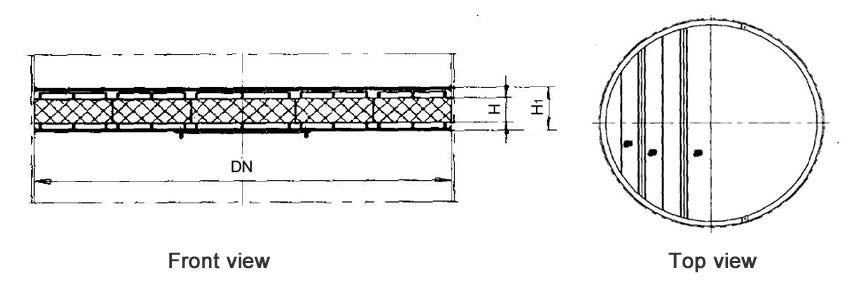 Structure diagrams of below-installed wire mesh demister whose DN is 700 to 1600 mm, are from front view and top view.